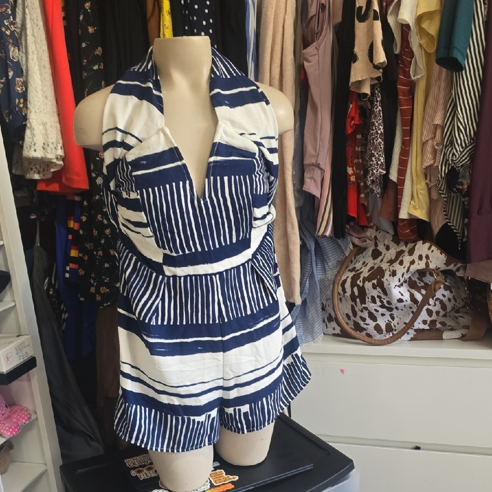 Navy and White Striped Halter Romper